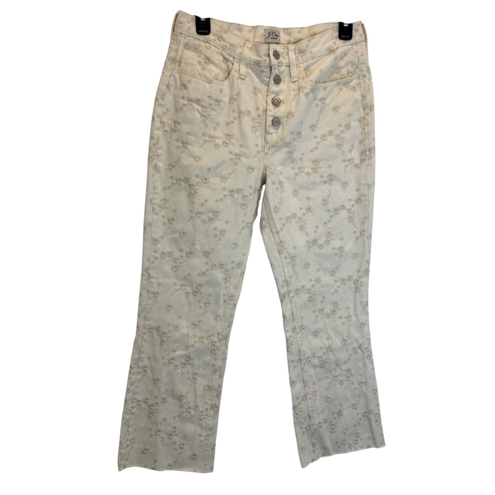 J Crew Billie Demi Boot Crop Jeans Ivory Floral Embroidered Size 27x24 High Rise